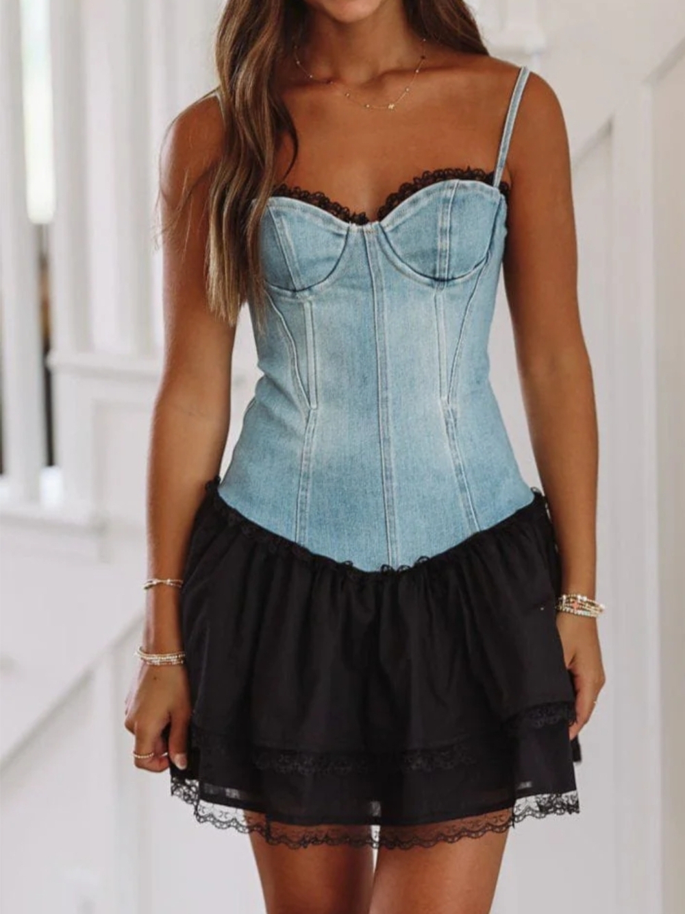 Denim Bustier Corset Festival Mini Dress with Black Lace Skirt Katwalk